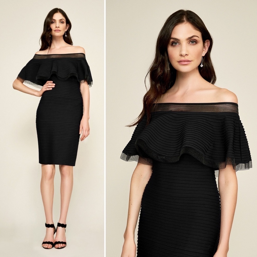 Tadashi Shoji || Tabora Dress Off Shoulder Ruffle Pintucked Jersey Black M‎